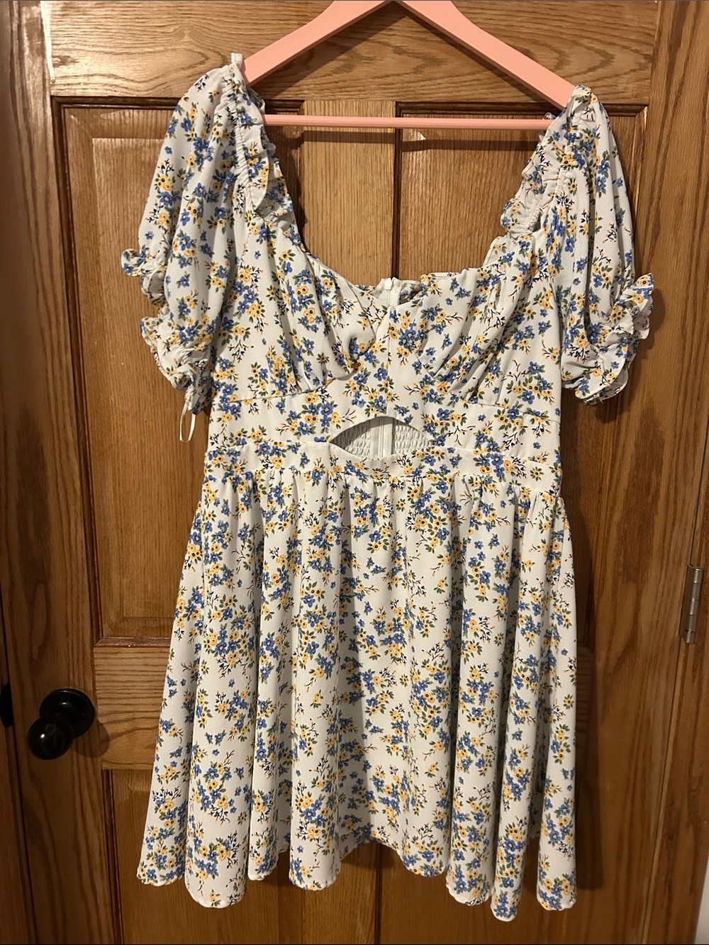 Altar'd State White Floral Mini Dress with Blue & Yellow Print